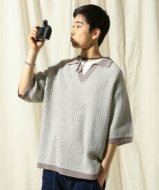 【SALE／50%OFF】niko and ... スキッパージャカードニットポロシャツ ニコアンド トップス ポロシャツ ブルー ベージュ イエロー