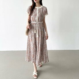 【SALE／24%OFF】COCOMOMO ロングワンピース 配色 エスニック柄 きれいめ フレンチスリーブ 前開き ココモモ ワンピース・ドレス シャツワンピース ブルー レッド ブラック ホワイト【送料無料】