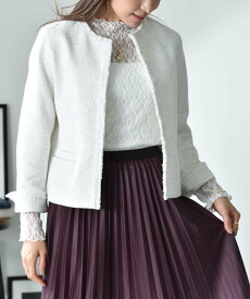 【SALE／70%OFF】INTERPLANET ランダムラメツイードノーカラージャケット インタープラネット ジャケット・アウター ステンカラーコート ネイビー ホワイト【送料無料】