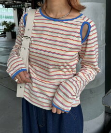 【SALE／70%OFF】CIAOPANIC TYPY H.SカットアウトマルチボーダーTEE チャオパニックティピー トップス カットソー・Tシャツ ホワイト ブラウン グレー