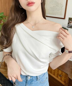 moment+ ワンショルドレープSS5分袖リブニットプルオーバー モーメントプラス トップス ニット ブラック グレー ベージュ ホワイト ピンク