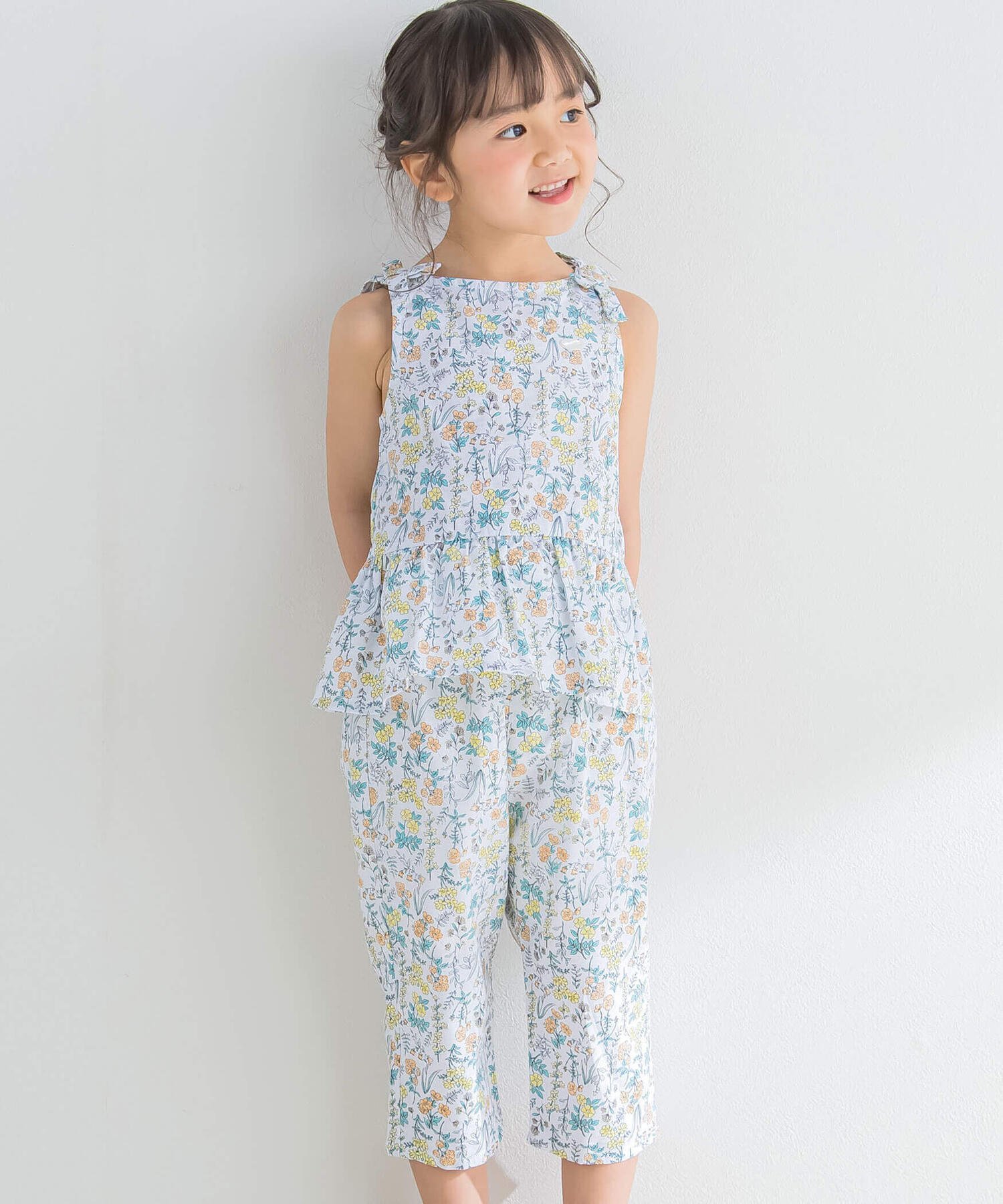 綿麻裾フリル花柄プリントセットアップ(80~130cm)