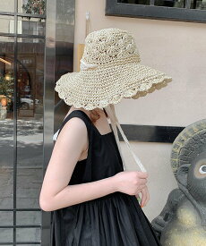 c.u.l ナチュラル レース ひも付き つば広 ストローハット 麦わら帽子 カンカン帽 cula1449 チュクラ 帽子 ハット ホワイト ベージュ