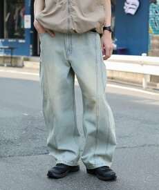 【SALE／50%OFF】WEGO MEN'S イージー3Dバレルレッグデニムパンツ ウィゴー パンツ ジーンズ・デニムパンツ グレー