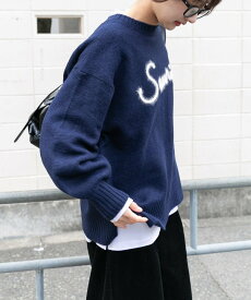 URBAN RESEARCH ITEMS クルーネックロゴニットプルオーバー アーバンリサーチアイテムズ トップス ニット ネイビー イエロー【送料無料】