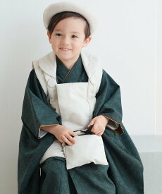 【SALE／20%OFF】ひよこ商店 ひよこ商店 七五三 着物 3歳 男の子 被布フルセット 象牙色*深緑ダマスク ウタタネ 着物・浴衣・和装小物 着物【送料無料】