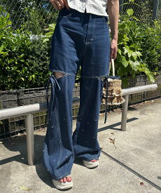 【SALE／20%OFF】MAJESTIC LEGON サイドスリットビジューデニムパンツ マジェスティックレゴン パンツ ジーンズ・デニムパンツ ピンク ブルー ブラック ネイビー【送料無料】