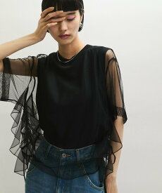 ADAM ET ROPE' FEMME 【サステナブル】・【定番人気】ギャザーチュールトップス アダムエロペ トップス カットソー・Tシャツ ブラウン ホワイト ブラック【送料無料】