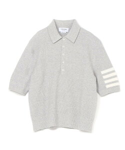 THOM BROWNE TEXTURED STITCH RELAXED FIT SS POLO IN LINEN COTTON BLEND W/4BAR STRIPE IN TARSIA �g���u���E�� �g�b�v�X �|���V���c �O���[�y���������z