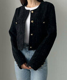 【SALE／22%OFF】JUNOAH Louere ツイードショートジャケット ジュノア ジャケット・アウター ナイロンジャケット ホワイト グレー ブラック【送料無料】