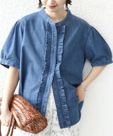 SHIPS WOMEN 【WEB限定】＜手洗い可能＞ライト オンス フリル デニム 半袖 シャツ シップス トップス シ…