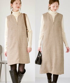 【SALE／35%OFF】ROPE' PICNIC キーネックツイードジャンパースカート ワンピース/着丈が選べる ロペピクニック ワンピース・ドレス ジャンパースカート ベージュ ブラック【送料無料】