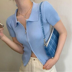 【SALE／30%OFF】Aimoon ニットトップス 半袖 リブ編み 無地 ミニミニストア トップス カットソー・Tシャツ ホワイト ブラック ブルー