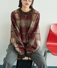 【SALE／50%OFF】FREAK'S STORE ビッグシルエット チェック ニットプルオーバー【限定展開】 25AW フリークスストア トップス ニット ネイビー ブラック イエロー レッド