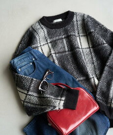 【SALE／50%OFF】FREAK'S STORE ビッグシルエット チェック ニットプルオーバー【限定展開】 25AW フリークスストア トップス ニット ネイビー ブラック イエロー レッド