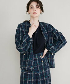 【SALE／60%OFF】Maglie par ef-de 《大きいサイズ》ブラックウォッチ風ツイードジャケット マーリエ ル カセット ジャケット・アウター ブルゾン・ジャンパー ネイビー【送料無料】