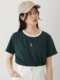 【SALE／20%OFF】NICOLE CLUB キツネ刺繍リンガーTシャツ ニコル クラブ トップス カットソー・Tシャツ グリーン ホワイト グレー ブルー