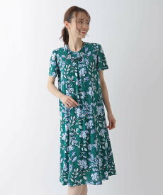 【SALE／30%OFF】HIROKO BIS（小さいサイズ） 【小さいサイズ/洗濯機で洗える】レオパードリーフAラインワンピース メゾンドゥサンク ワンピース・ドレス ワンピース ブルー グリーン【送料無料】