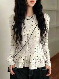 【SALE／20%OFF】SHEENA ソフトタッチドットフリルトップス ディアベル トップス カットソー・Tシャツ ブラック ホワイト