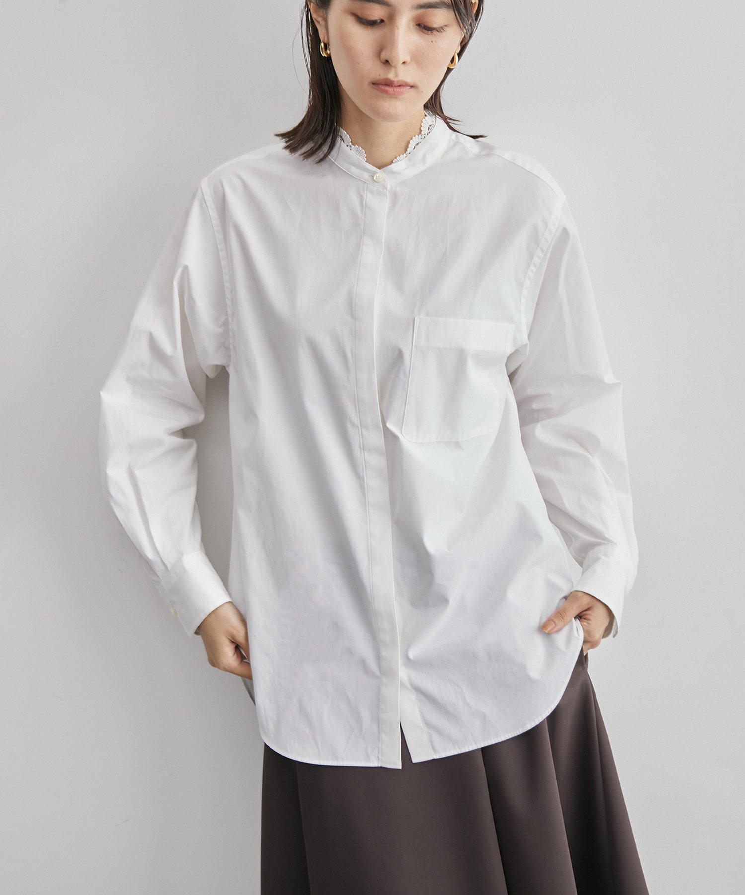 ROPE'｜レース衿付きスタンドカラーシャツ | Rakuten Fashion(楽天