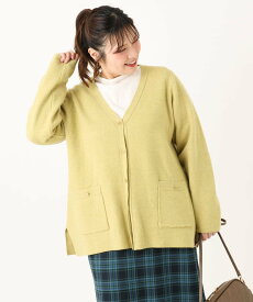 eur3 【大きいサイズ】Vネックゴールドボタンカーディガン エウルキューブ トップス カーディガン イエロー ネイビー グレー【送料無料】
