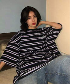 DEVICE select ビッグシルエット ボーダー 半袖 Tシャツ オーバーサイズ メンズ レディース デバイス トップス カットソー・Tシャツ ブラック パープル