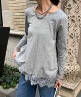 DouDou ヘムレースロンTEE ドゥドゥ トップス カットソー・Tシャツ グレー ブラック ホワイト【送料無料】