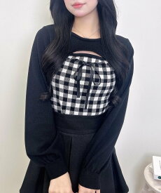 INGNI 12Gギンガムチェック柄デコルテオープンニット イング トップス ニット ブラック グレー ピンク