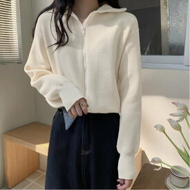 【SALE／30%OFF】Aimoon ジップアップニットブルゾン 韓国風 秋冬 ミニミニストア トップス カーディガン ブラック ピンク グレー ホワイト