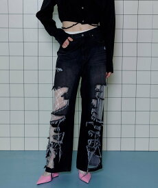 MAISON SPECIAL Tulle Distressed Denim Pants メゾンスペシャル パンツ ジーンズ・デニムパンツ ブラック ブルー【送料無料】