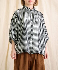 Brocante 【フレンチリネンギンガム グランシャツ】麻｜ドロップショルダー｜水洗い可 ドミンゴ トップス シャツ・ブラウス ブラック ブルー【送料無料】