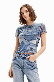 【SALE／30%OFF】Desigual デニムパッチワーク チュールTシャツ デシグアル トップス カットソー・Tシャツ ブルー【送料無料】