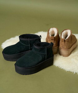 UGG ����W�J W CLASSIC ULTRA MINI PLATFORM 26AW �t���[�N�X�X�g�A �V���[�Y�E�C �u�[�c �u���E�� �u���b�N�y���������z