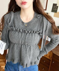 moment+ シャーリングギャザーリボンキャミ+ニットプルオーバーセット モーメントプラス トップス アンサンブル グレー ブラック ホワイト ブラウン【送料無料】