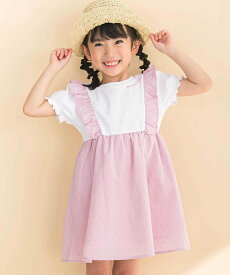 【SALE／50%OFF】Noeil aime BeBe 【お揃い】ドットドビーxストレッチフライス肩フリルドッキングワンピース(80~130cm) ベベ オンライン ストア ワンピース・ドレス ワンピース ピンク ブルー