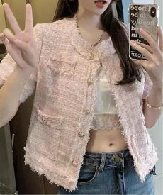 【SALE／45%OFF】Nia Nia/(W)Nia(ニア)/半袖ノーカラーツイードジャケット チェルカ ジャケット・アウター ノーカラージャケット ホワイト ブルー ピンク ブラック