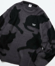 【SALE／30%OFF】CHOW DOWN リラックスフィット ジャカード クルーネック モヘアタッチ シャギーニット / キャットモチーフ 【限定展開】 25AW フリークスストア トップス ニット グレー ネイビー【送料無料】