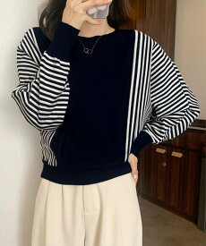 【SALE／39%OFF】miniministore ストライプ配色ドルマンニット体型カバー春 ミニミニストア トップス ニット ネイビー グレー ブラック ベージュ