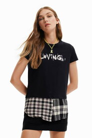 【SALE／50%OFF】Desigual タータンチェック裾 Tシャツ デシグアル トップス カットソー・Tシャツ ブラック【送料無料】