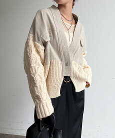 DouDou 【WEB限定】デニム×ニットドッキング 異素材MIX こなれカーディガン ドゥドゥ トップス カーディガン ブルー ベージュ ブラック【送料無料】