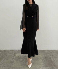 【SALE／20%OFF】JUNOAH CENEA シアートップス+テーラードマーメイドジャンパースカートset ジュノア ワンピース・ドレス ジャンパースカート ブラウン ピンク ホワイト グレー ブラック【送料無料】