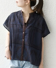 SHIPS any SHIPS any:＜手洗い可能＞エンブロイダリー レース シアー フレンチスリーブ シャツ シップス トップス シャツ・ブラウス ネイビー ホワイト【送料無料】