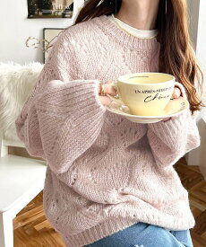 moment+ モヘア混ハート柄透かし編みニットプルオーバー モーメントプラス トップス ニット ピンク ホワイト グレー【送料無料】