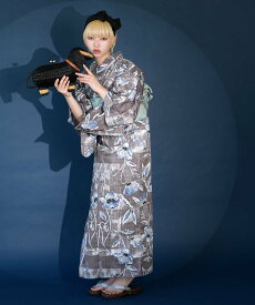 Nico@ntique ニコアンティーク 浴衣3点セット かすれアネモネ グレー*ブルー Fサイズ ウタタネ 着物・浴衣・和装小物 浴衣 グレー【送料無料】