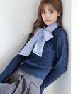 刺繍入りボウタイリボンドッキングニットトップス