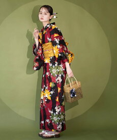 Nico@ntique ニコアンティーク 浴衣3点セット 赤と黒の立沸とレトロ花 Fサイズ ウタタネ 着物・浴衣・和装小物 浴衣【送料無料】