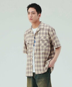 BEAMS HEART MEN �I���u���[ �`�F�b�N �I�[�v���J���[ �V���c �r�[���X �n�[�g �g�b�v�X �V���c�E�u���E�X �x�[�W���y���������z