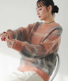 andme モヘアライク チェックジャガード ニットトップス アンドミー トップス ニット ブルー ベージュ グリーン イエロー ピンク