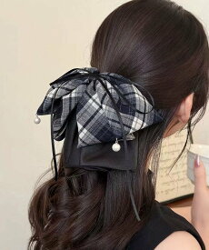 【SALE／42%OFF】miniministore チェック柄 リボン バンスクリップ大きめ ミニミニストア ヘアアクセサリー バレッタ・ヘアクリップ・ヘアピン ネイビー