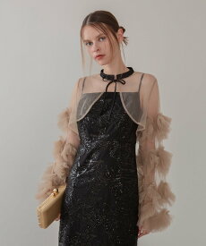 Leja Leja-フリルチュールスリーブリボンIラインワンピースドレス結婚式 レジャ ワンピース・ドレス ドレス ブラック グレー ブルー【送料無料】